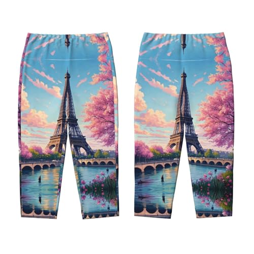 Pajama Pants Pajama Bottoms with Elastic Waistband Sleepwear Lounge PantsEiffel Tower Cherry Blossom Print3