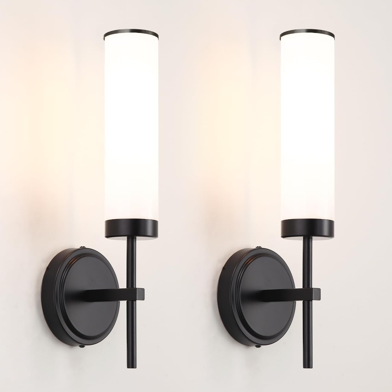Matte Black Wall Sconces Set of 2, Modern Bathroom Sconces Wall Lighting with Opal White Glass, Vanity Light Fixtures for Bathroom, Wall Mount Lights