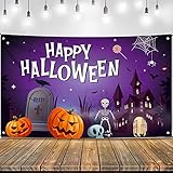 KatchOn Scary Happy Halloween Backdrop - XtraLarge, 72x44 Inch | Spooky Pumpkin Banner for Purple Party Decorations