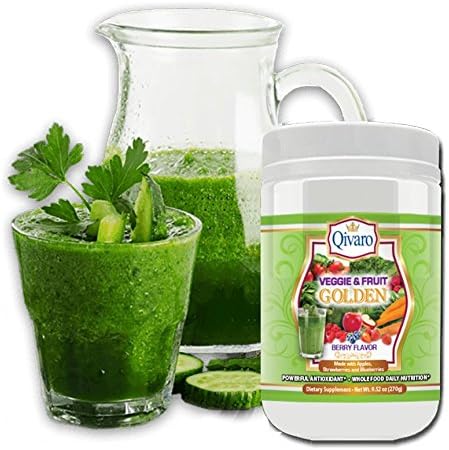 Veggie And Fruit Golden Superfood Supplement By Qivaro: All Natural Organic Ingredients Formula, Vitamin And Fiber Source For Energy, Bowel Health And Immune System Boost, Berry Flavored