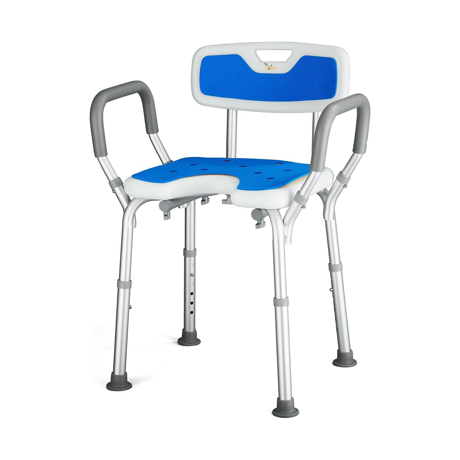 VED Sedia da Doccia a Forma di U con Braccioli e Schienale, Sgabello Regolabile in Altezza 6 Livelli, Antiscivolo per Anziani e Disabili, Capacità di Carico di 330 lb