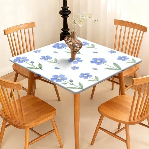 Highdi Cuadrado Mantel Impermeable, Mantel de Tela Oxford Antimanchas Protector Mesa con Borde Elástico, Cubre Encimera para Cocina Comedor, Lindos Temas Florales (Azul,90x90cm)