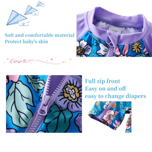 Image of UMELOK Baby Girl One Piece Swimsuit Infant Rash Guard Bathing Suit | UPF 50+ Sun Protection Swimwear,Full Zip,Long Sleeves,Soft And Comfortable Fabric,Swimming Pool,Beach