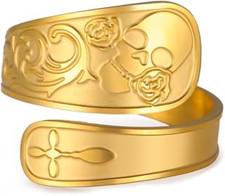 Punk Skull Spoon Ring for Women Men Adjustable Open Statement Fashion Rose Flower Cross Wrap Finger Thumb Rings Stainless Steel Gold-Tone Plated Fashion Comfort Fit Jewelry Gothic Unisex