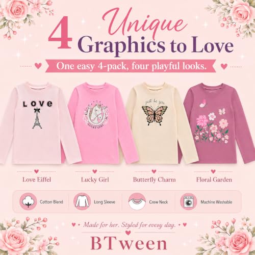 Image of BTween Girls 4 Pack Long Sleeve Graphic T-Shirts Cotton Blend, Fun Vibrant Designs