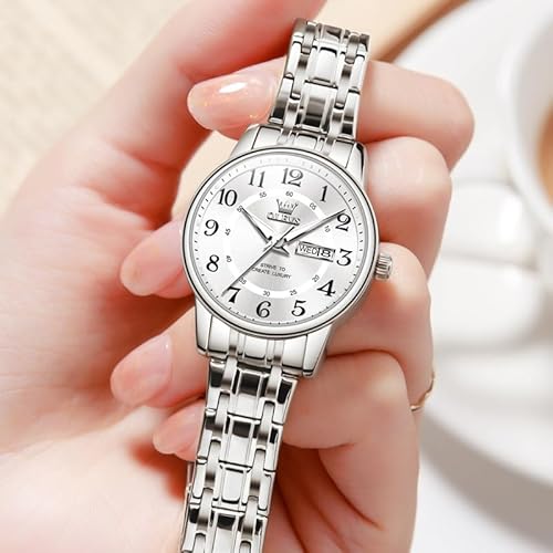 OLEVS Women's Silver Quartz Dress Watch with Date - Elegant Stainless Steel Waterproof Analog Fashion Timepiece - Image 4