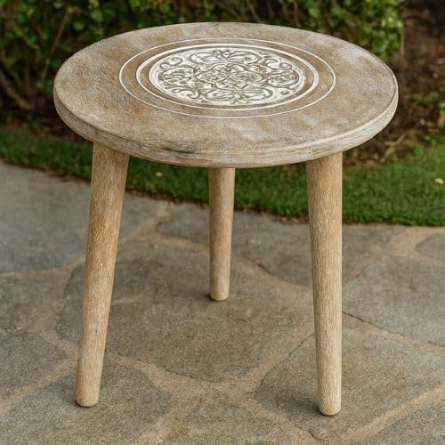 Image of Solid Wood Round Side Table for Living Room | Compact Sofa End Table with 3 Legs | Minimalist Wooden Accent Table for Bedroom Balcony Office Home Decor (White Wash, 12X12 Inches)