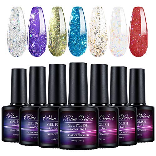 7PCS Glitter Gel Polish Set Blue Velvet Sparkle Glitters Colors Nail Polish Gel Kit Nail Art Design Manicure Gift Set Soak Off LED Gel Nail Lamp Cured for Nails Art Beauty Salon/ at Home 10ml