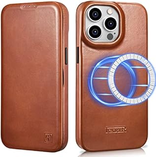 ICARER Leather Case for iPhone 14 Pro Max, 100% Genuine Leather Flip Case with Card Slot, Magnetic Flip Wallet Cover Compatible with Mag-Safe and Wireless Charging for iPhone 14 Pro Max 6.7 inch-Brown