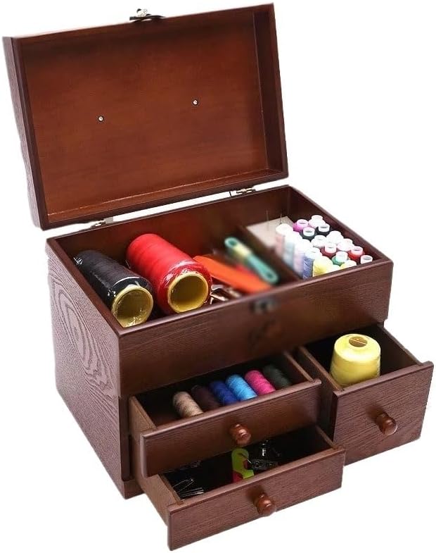 LWECMGSA Retro Wooden Multi-Purpose Storage Box Household Sewing Kit Needle Thread