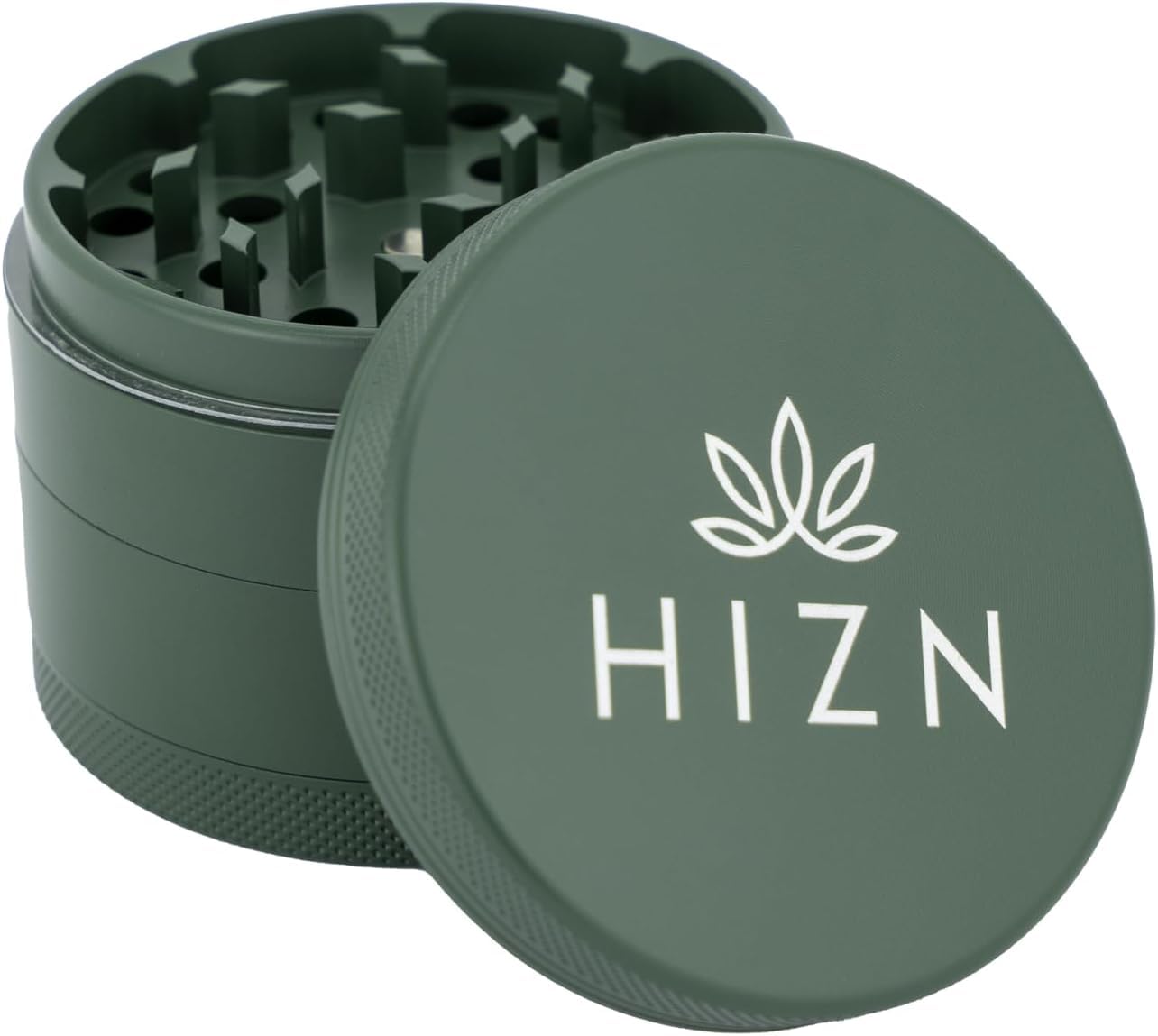 Grinder in ceramica | Ø 63 mm | 4 pezzi | antiaderente grazie al rivestimento in nanoceramica | con sacchetto, raschietto per polline, pennello e boccaglio (verde mezzanotte)