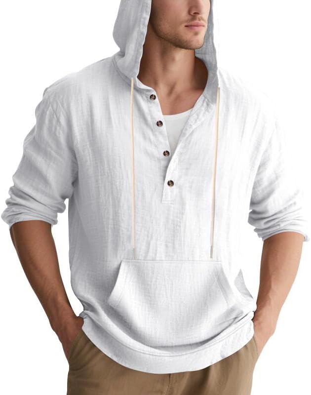 Men's Linen Hoodie Lightweight Hawaiian Shirt Casual Beach Shirt with Pockets - Image 3