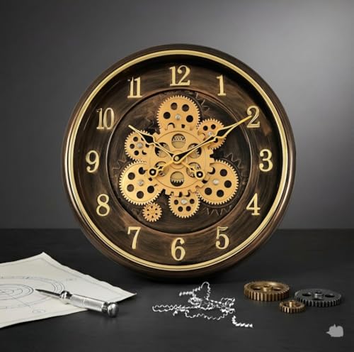Image of Large Size 35 cms Rotating Moving Gears Wall Clock Industrial Steampunk Real Moving Gear Designer Wall Clock for Living Room Home Decor Office Wooden Look Plastic Round 14 Inch (Brown)