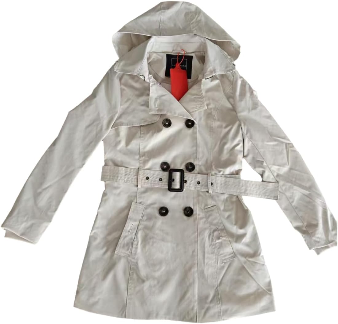 Only Wear Women's Hooded Trench Coat, Beige, Double-Breasted, Belted, Classic Style