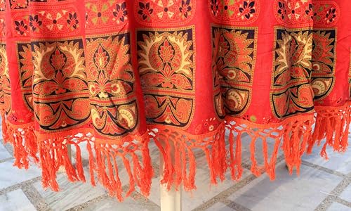 Image of Dining Round Tablecloth, Red, 75 inch, 4-6 Seater, RHF-5008 | 100% Cotton, Multicolor Floral Bird Printed, White Fringed Lace Border