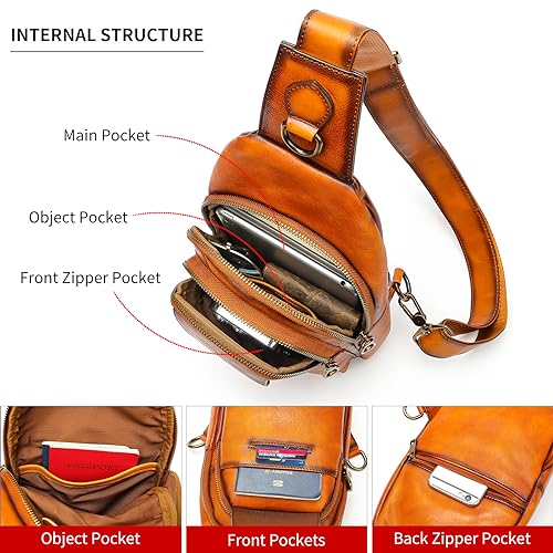 Image of NIUCUNZH Genuine Leather Sling Bag Front Metal-Latch Crossbody Bags Handmade Vintage Chest Shoulder Backpack for Women Men