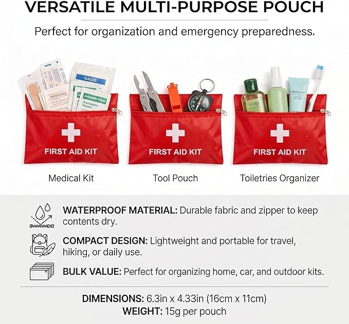 Image of 6 Pack Empty First Aid Kit Bag, Small First Aid Pouch Bulk, Water Resistant Travel Medical Organizer, Mini Emergency Supply Storage for Home, Car, Office, Camping, Outdoors (Red, 11x16cm, Bag Only)