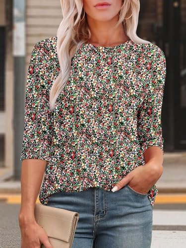 KISSMODA Tunic Tops for Women Loose Fit Dressy Round Neck Pleated 3/4 Length Sleeve Spring Tops