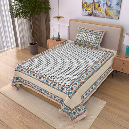 Image of 100% Cotton Single Bedsheet with 1 Pillow Cover | 240 TC Pure Cotton Flat Bed Sheet | Traditional Jaipuri Printed Bedding Set | Soft & Breathable | 60 x 90 Inch (Rangmahal Single 35)