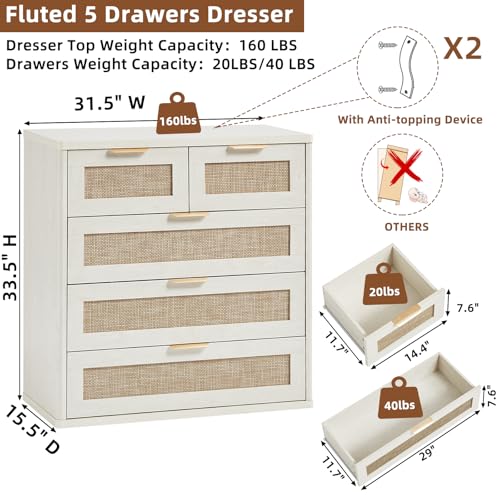 Image of LEYAOYAO White Dresser for Bedroom, 33.5 inch Tall Chest of Drawers, Modern 5 Drawers Boho Rattan Dressers with Storage, Dresser Wooden Closet Organizer for Living Room, Hallway