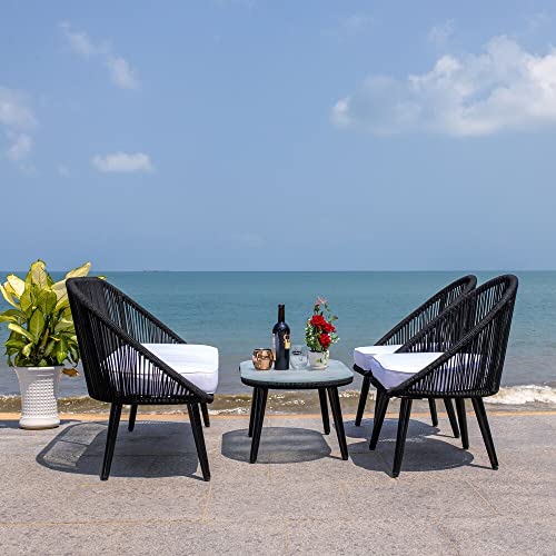 Image of DEVOKO Outdoor 4 Seater Patio Rope Garden Sectional Conversation Set with Cushioned Chair and Glass Top Table for Backyard, Pool, Terrace, Deck (Black & White)