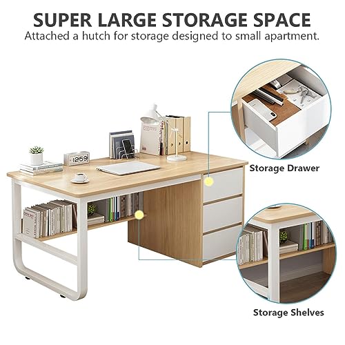 Bureau d'ordinateur blanc 47 pouces avec étagère et 3 tiroirs pour PC