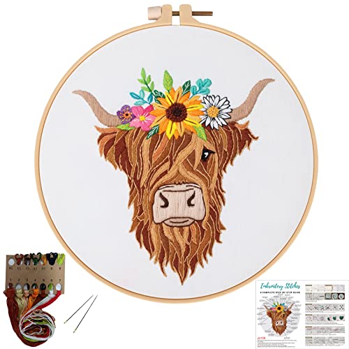 Image of Louise Maelys Animal Embroidery Kits for Beginners with Highland Cow Pattern,Adults Starter Cross Stitch Kit DIY Needlepoint