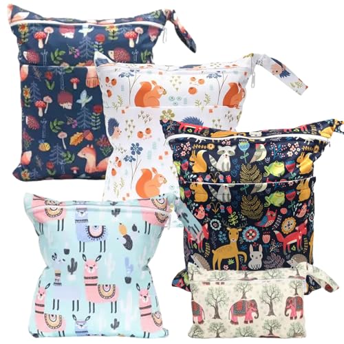 Lashua 5 Stück Wetbag Kindergarten, Windeltasche wasserdichte, Nassbeutel mit Reißverschluss, Nasstasche für Reisen Unterwegs (Tierprint)