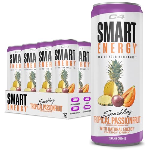 Image of C4 Smart Energy Drink - Sugar Free Performance Fuel & Nootropic Brain Booster, Coffee Substitute or Alternative | Tropical Passionfruit 12 Oz - 12 Pack