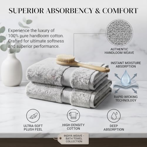 Image of 100% Cotton Handloom Hand Towel | Pack of 2 | Light Grey | High GSM | Soft & Highly Absorbent | Quick Dry Woven Cotton | Skin Friendly | Bathroom, Kitchen, Gym & Travel