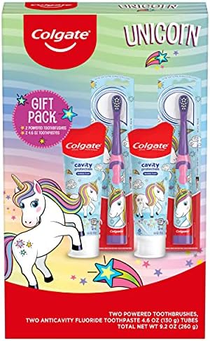 Colgate Kids Toothbrush Set with Unicorn Gift Set, 2 Battery Toothbrushes and 2 Toothpastes