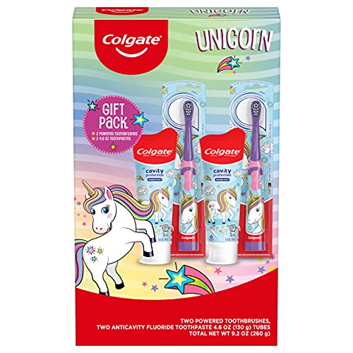 Colgate Kids Toothbrush Set with Toothpaste, Unicorn Gift Set, 2 Battery Toothbrushes and 2 Toothpastes