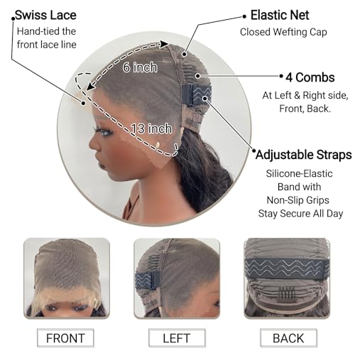 13X6 Body Wave HD Lace Front Human Hair Wigs with Baby Hair for Black Women Pre Plucked Brazilian Virgin Wavy Curly Wig 220% Density Natural Color 14 Inch