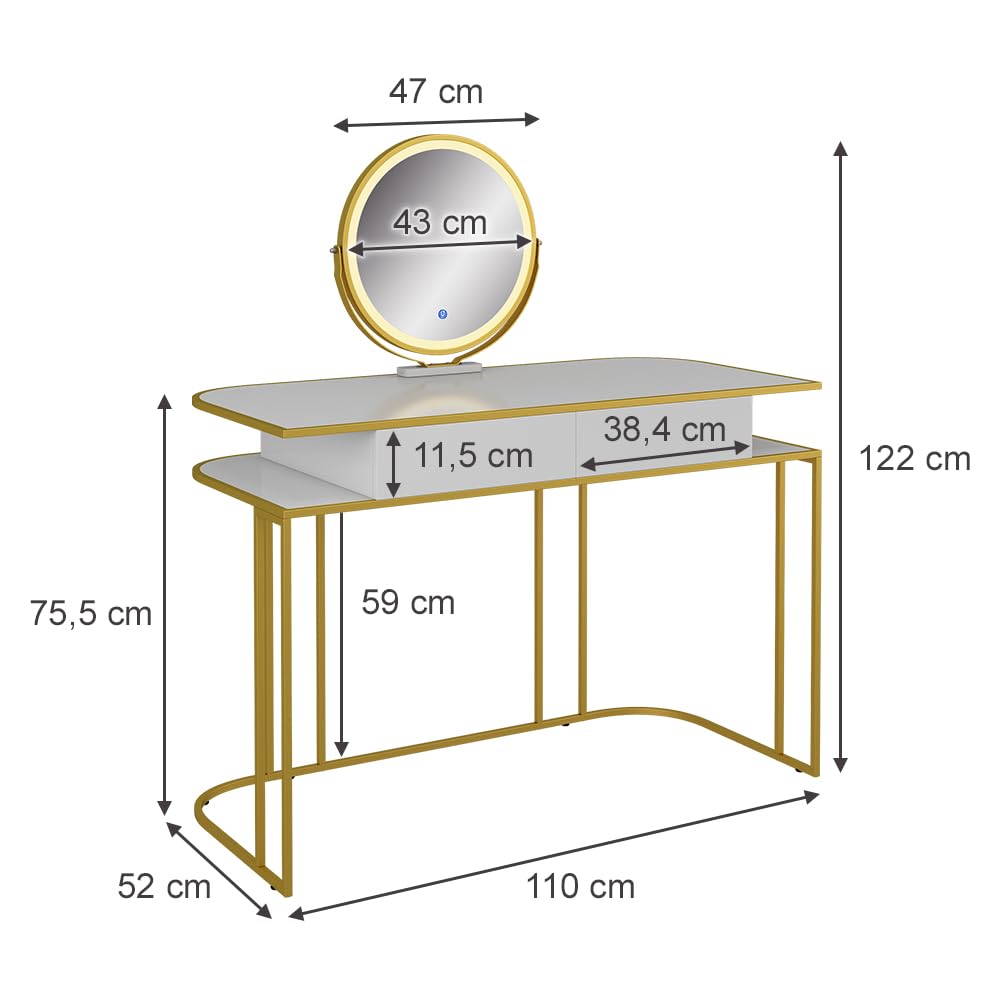 Vicco Tavolo da toilette Tiara, Bianco/Oro, 110 cm, con illuminazione LED e specchio regolabile in altezza