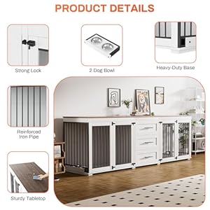 Rophefx 945 dog crate furniture for 2 dogs large dog kennel furniture with 3 storage drawer wooden dog cage with 4 bowls indoor dog house tv stand with locks for large medium dog white  urban country home decor