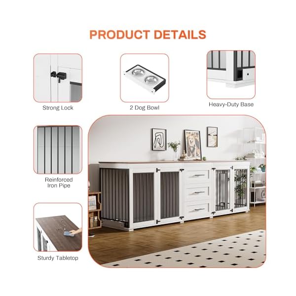 Rophefx 945 dog crate furniture for 2 dogs large dog kennel furniture with 3 storage drawer wooden dog cage with 4 bowls indoor dog house tv stand with locks for large medium dog white  urban country home decor