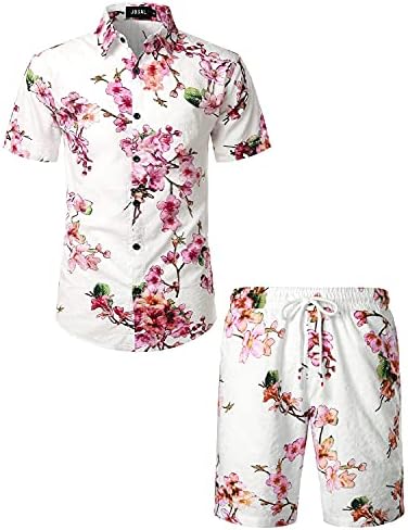 JOGAL Men's Flower Casual Button Down Short Sleeve Hawaiian Shirt Suits (White Pink, X-Large)