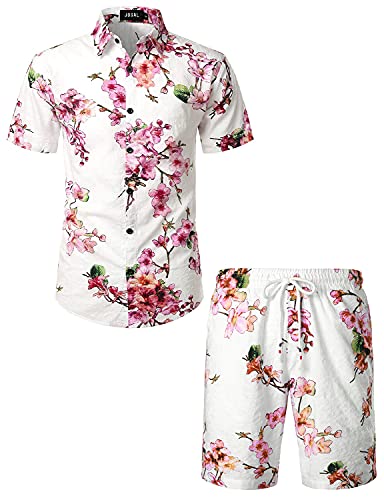 Jogal Men's Flower Casual Button Down Short Sleeve Hawaiian Shirt Suits (White Pink, X-Large) #TOP12