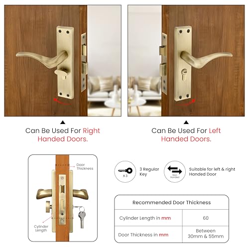 Image of LAPO Mortise Door Lock for Home Main Door & Bedroom with Handle | Heavy-Duty 60mm Cylinder | 45x45mm Body | 3 Brass Keys | Left-Right Fit 30-50mm Door Home Office Hotel | Antique Finish |CY-101