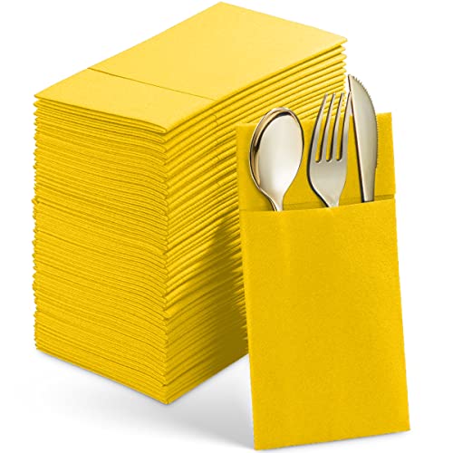Einweg-Servietten in Leinen-Optik mit integrierter Bestecktasche, 50 Stück, gelb, vorgefaltet, stoffähnliche Papierservietten für Abendessen, Hochzeit oder Party Cover