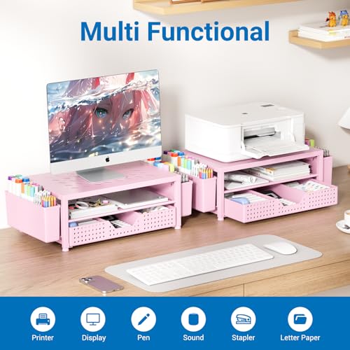 Image of OPNICE Laptop Stand for Desk Organizer and Accessories, 2-Tier Computer Monitor Stand Riser with Drawer and 2 Pen Holders, Ventilated Perforated Steel Top, Office Desk Accessories for Home Office Supplies, Pink