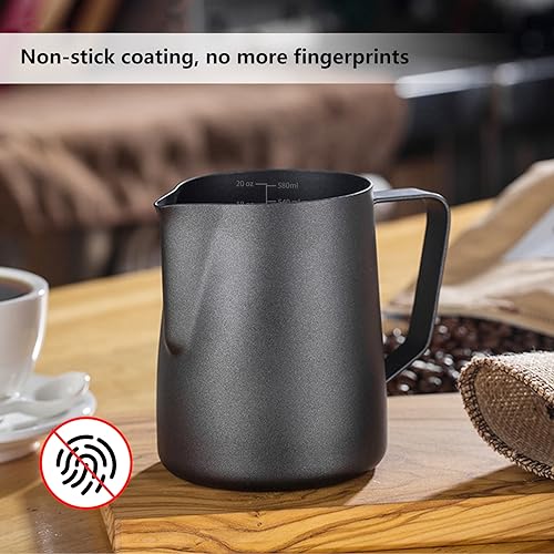 Milk Frother Pitcher 20 OZ，Espresso Milk Frothing Pitcher, Milk Steamer Cup Steaming Pitcher, Stainless Steel Coffee Froth Cup with Latte Art Pen for Coffee Cappuccino (Black) - Thumbnail 4