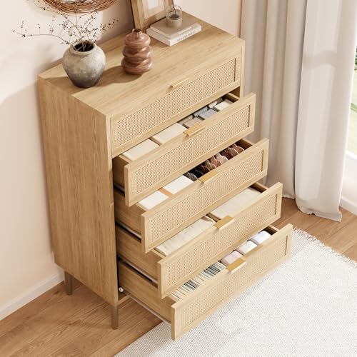 GarveeHome Rattan 5 Drawer Dresser, 44'' Tall Narrow Chest of Drawer, Farmhouse Wooden Vertical Dresser with Metal Legs and Handles, Modern Cabinet for Bedroom, Living Room, Oak