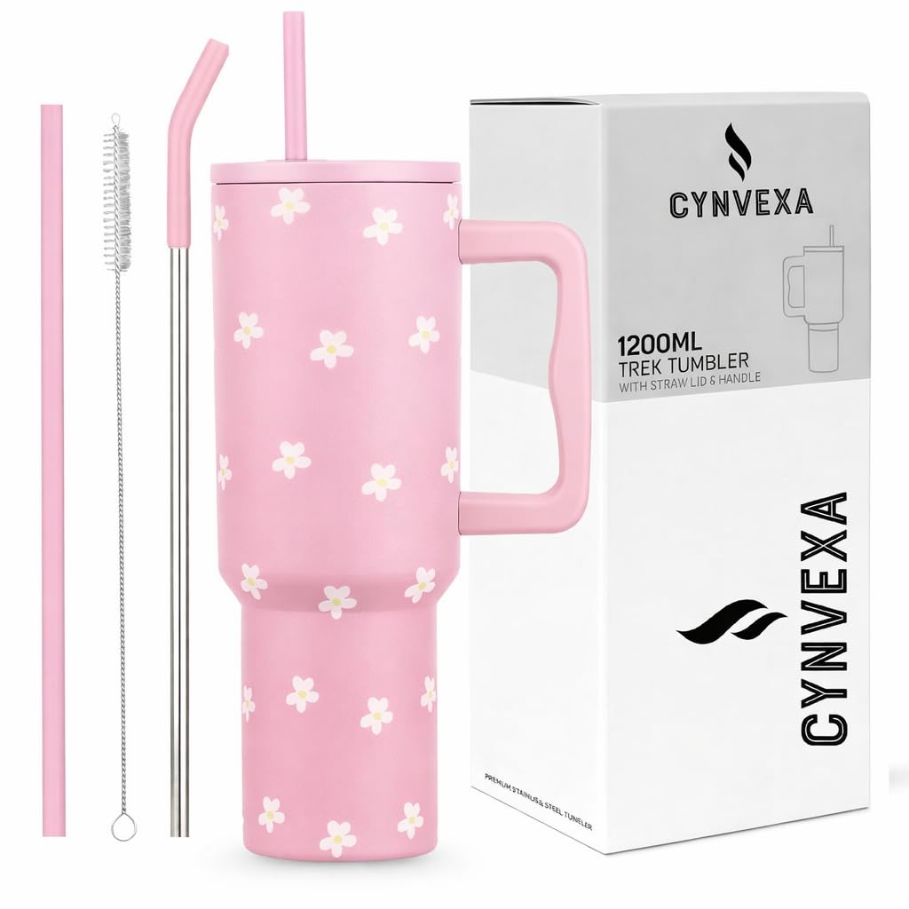Tumbler with lid and Straw 1200ML Cup Stainless Steel Vacuum Insulated Tumbler for Water, Iced Tea or Coffee 1.2L Office Gym Travelling (Pink Flower)-image-48