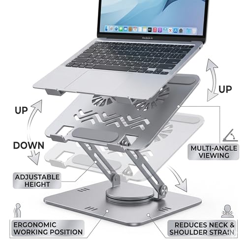 Image of COOLCOLD Laptop Stand with Detachable Magnetic Dual Cooling Fans, 360 Rotating Base, Adjustable Height & Angle, Foldable Ergonomic Laptop Holder for MacBook, HP, Dell, Lenovo (Grey)