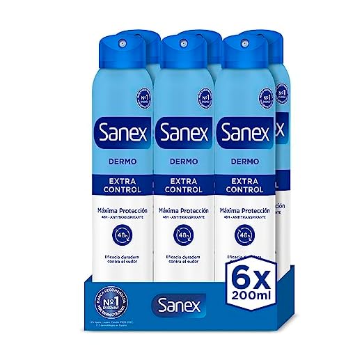 Sanex Dermo Extra Control Desodorante Spray, Pack 6 Uds x 200 ml, con Óxido de Zinc Antibacteriano, hasta 48H de Protección contra el Sudor y el Olor, Restaura el pH Natural de la Piel