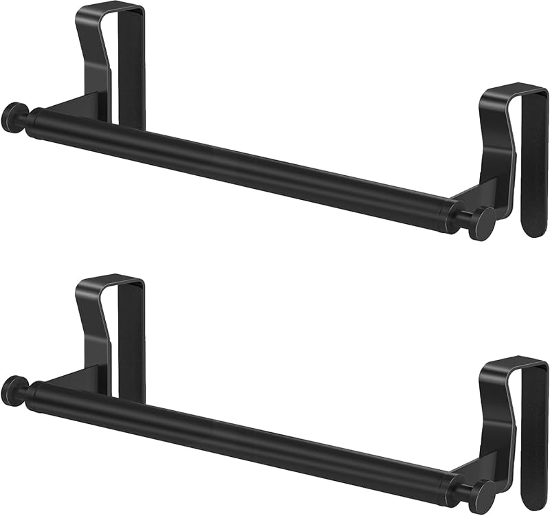 STWWO Over Cabinet Towel Holder with Hooks, 2 Pack Black Bars for Kitchen | Stainless Steel Over The Cabinet Towel Rack Bars, Dish Towel Holder for Kitchen Cabinet Doors