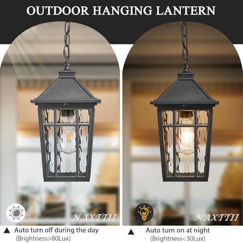 Image of Large Outdoor Pendant Lights for Porch 15.2 Inch Dusk to Dawn Black Hanging Porch Lights Outdoor Waterproof Exterior Hanging Light Fixture with Adjustable Chain E26 Socket