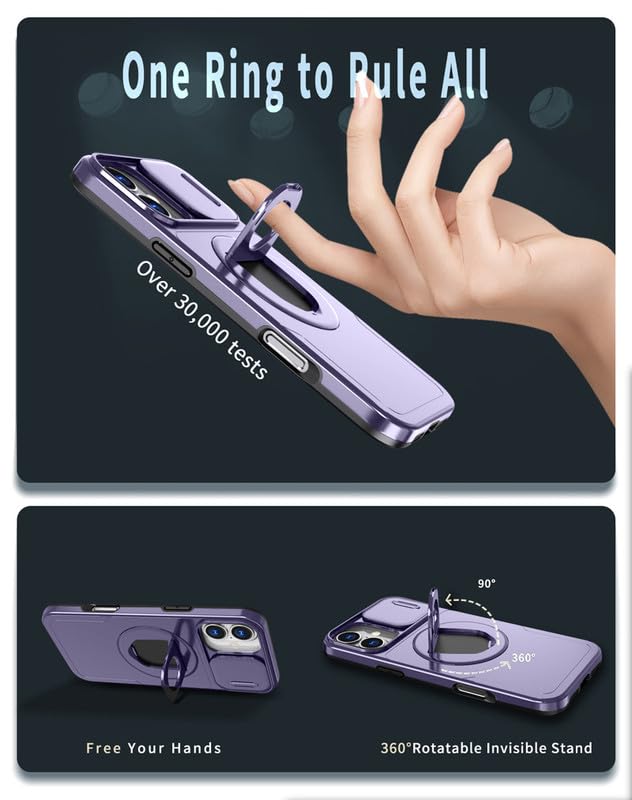 Image of LuxuryKase MagSafe Shockproof Rugged Back Case for iPhone 17 | Finger Ring Kickstand & Sliding Camera Cover | Military Drop Protection | Wireless Charging Support - Purple