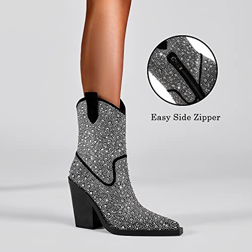 Shodense Women Black Rhinestone Western Ankle Boots Chunky High Heel Pointed Toe Glitter Cowboy Ankle Booties Side Zipper Mid Calf Bling Short Cowgirl Boots Studded Fashion Sexy Summer Black 8.5 M Us #TOP2